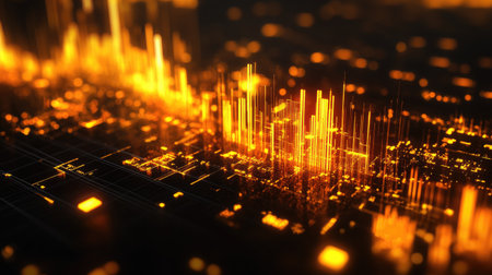 3D gold price graph with glowing golden bars rising against a dark background, highlighting fluctuations and market trends in the gold market.の素材