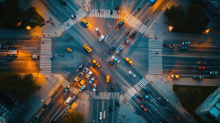 Aerial view of multiple traffic lights at a complex intersection, showing their synchronization and the flow of vehicles and pedestrians.の素材