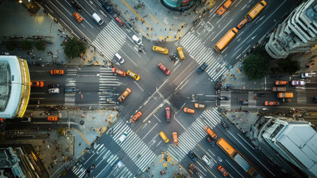 Aerial view of multiple traffic lights at a complex intersection, showing their synchronization and the flow of vehicles and pedestrians.の素材