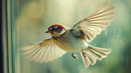 Bird flying close to a window or glass surface, with reflections and clear details of its plumage and wing structure.の素材