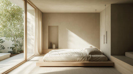 Bright and airy bedroom with a minimalist approach, including a low-profile bed, neutral bedding, and minimal decor.の素材