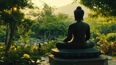 Buddha statue silhouette with a peaceful garden backdrop, capturing the serene and meditative ambiance of the settingの素材