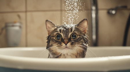Cat in a small bathtub with a gentle stream of water being poured over its head, looking slightly puzzled but calm during bath time.の素材