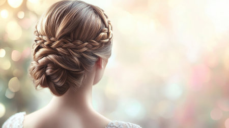 Chic updo hairstyle with intricate braids and pinned details, perfect for a formal event, highlighted against a soft, blurred background.の素材