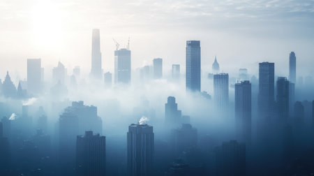 City skyline shrouded in smog and air pollution, with visible haze and reduced visibility, emphasizing the urban impact of global warming.の素材