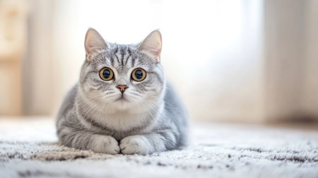 Chubby cat sitting on a soft rug, looking directly at the camera with a slightly tilted head, giving a curious and adorable expression.の素材