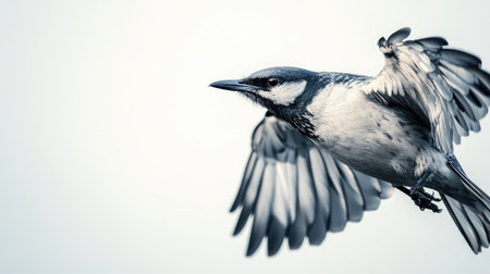 Close-up of a bird in mid-flight with outstretched wings, captured against a clear sky. The focus is on the bird's detailed feathers and dynamic movement.の素材