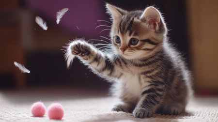Chubby kitten playfully batting at a feather toy, its big round belly jiggling as it moves, capturing the fun and cuteness of the moment.の素材