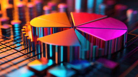 Close-up of a 3D pie chart with metallic textures, showing various business sectors in bold, contrasting colors, representing financial distribution.の素材