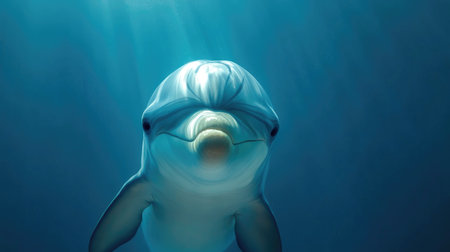 Close-up of a dolphin face, capturing its expressive eyes and friendly demeanor, with a background of ocean blue.の素材