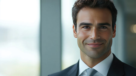 Close-up of a professional man in a business suit, smiling confidently at the camera in a modern office setting, highlighting his facial expression and attire.の素材