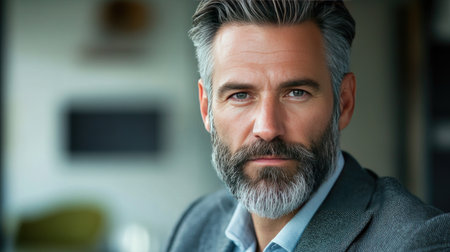 Close-up of a mature professional man with a beard, wearing a smart blazer, looking thoughtfully towards the camera in a clean office space.の素材