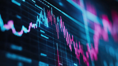 Close-up of a financial graph on a digital screen, with blue and red bars showing profits and losses over time. Data fluctuations visible in detail.の素材