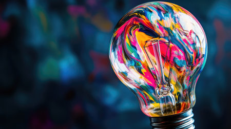 Close-up of a lightbulb filled with colorful abstract patterns, symbolizing the fusion of creativity and innovative thinking.の素材