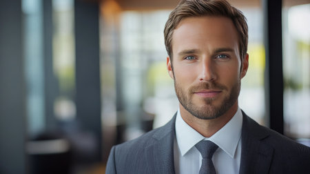 Close-up of a professional man with a relaxed and approachable demeanor, dressed in a formal suit, set against a blurred office background.の素材