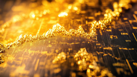 Close-up of a stock market graph showing the rise and fall of gold prices, with gold-colored lines representing market volatility.の素材