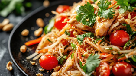 Close-up of a vibrant Thai green papaya salad with shredded papaya, cherry tomatoes, and crispy fried chicken, garnished with peanuts and fresh herbs.の素材