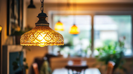 Close-up of a vintage pendant lamp with an intricate glass shade, hanging from a high ceiling and casting warm, inviting light over a dining area.の素材