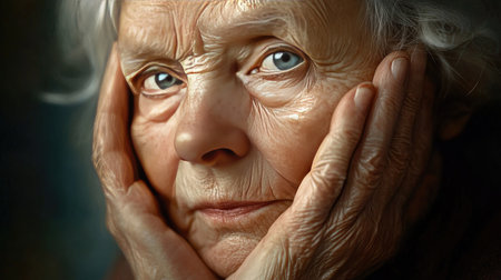 Close-up of an elderly woman with a serene expression, gently resting her face in her hands. Natural lighting enhances her delicate features.の素材