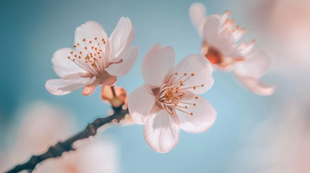 Close-up of delicate cherry blossoms in full bloom, with soft pink petals and subtle details against a clear, blue sky.の素材