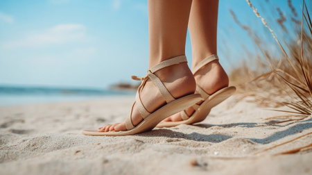 Close-up of a woman foot wearing chic strappy sandals on a sunny beach, highlighting the sandals' design and summer style.の素材