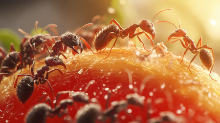 Close-up of ants swarming over a piece of fruit, with a focus on their feeding behavior and the impact on their environment.の素材