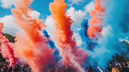 Colorful smoke trailing from a smoke bomb at an outdoor event, with bright reds and blues dispersing into the air, adding excitement and color.の素材