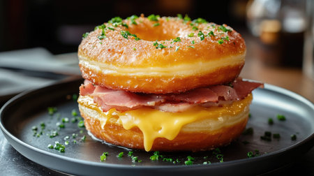 Delicious donut sandwich with a savory filling, such as ham and cheese, served on a sleek plate with garnish, highlighting its gourmet appeal.の素材