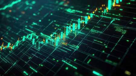 Digital financial chart with green upward trends, set against a dark grid background. Key data points highlighted with glowing markersの素材