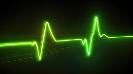 Digital ECG line with a sharp upward spike, glowing in neon green against a black background, symbolizing vital signs and heart health.の素材