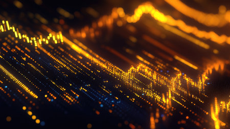 Digital gold price graph with glowing lines and percentage indicators, overlaid on a dark background to showcase gold trading performance.の素材