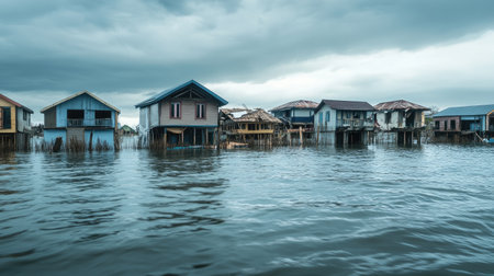 Flooded coastal area with submerged buildings and high water levels, demonstrating the rising sea levels and extreme weather events caused by global warmingの素材