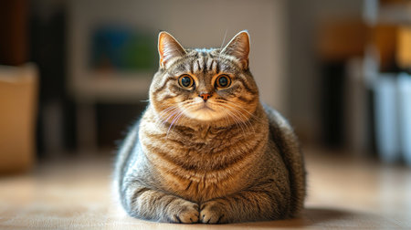 Fat cat sitting proudly in the center of the room, its large belly slightly resting on the floor, looking regal and content.の素材