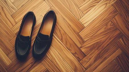 Fashionable women loafers placed on a polished wooden floor, demonstrating their sophisticated and versatile design for office or casual wear.の素材