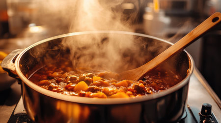 Large pot with a hearty stew simmering, with steam rising from the lid and a wooden spoon resting on the side, set against a warm kitchen backdropの素材
