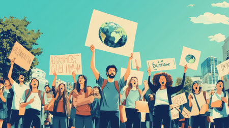 Group of activists holding signs and banners about climate change and global warming, participating in a protest or awareness campaign.の素材