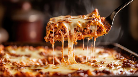 Hot, cheesy lasagna with layers of melted cheese stretching as the serving spatula lifts a slice from the dish.の素材