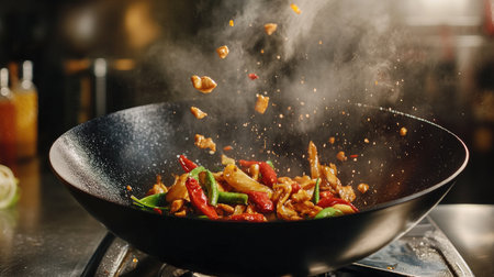 High-quality wok with sizzling stir-fry, showcasing its curved shape and the vibrant colors of the ingredients against a modern kitchen background.の素材
