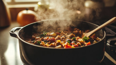 Large pot with a hearty stew simmering, with steam rising from the lid and a wooden spoon resting on the side, set against a warm kitchen backdropの素材