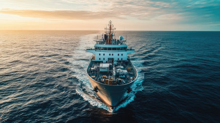 Large research vessel navigating the open ocean with scientific equipment on deck, emphasizing its role in marine exploration.の素材