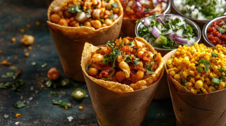 Indian street food scene with chaat, including papri chaat and bhel puri, served in paper cones or bowls, capturing the lively food culture.の素材