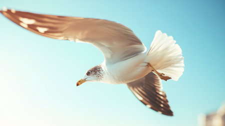 Dynamic close-up of a bird in flight, with sunlight highlighting its feathers and a clear blue sky in the background, capturing the bird agility.の素材