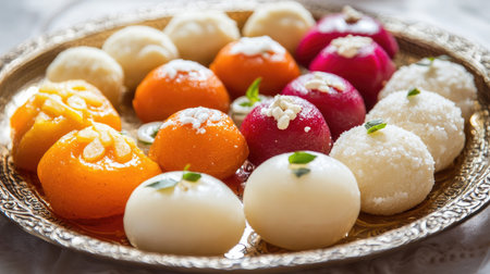 Indian sweets such as gulab jamun, jalebi, and rasgulla displayed on a decorative plate, highlighting their vibrant colors and festive appeal.の素材