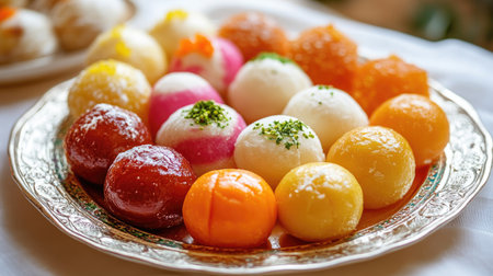 Indian sweets such as gulab jamun, jalebi, and rasgulla displayed on a decorative plate, highlighting their vibrant colors and festive appeal.の素材
