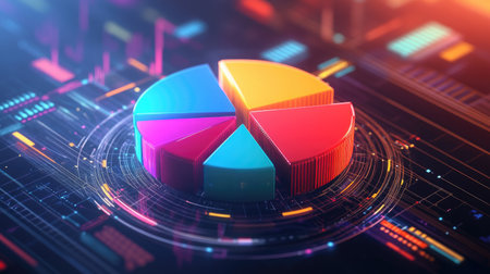 Interactive-looking 3D pie chart, with vibrant sections lifting out of the circle, set against a tech-themed digital background.の素材