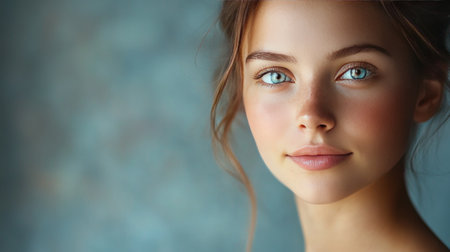 Portrait of a woman with youthful, glowing skin, captured in a professional setting with soft lighting that highlights her natural beauty and healthy skin.の素材