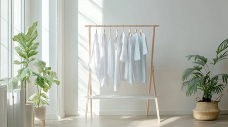 Minimalist clothes drying rack with fresh laundry, positioned in a clean and stylish indoor setting with a focus on simplicity and functionality.の素材