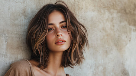 Model with a trendy lob haircut featuring soft waves and tousled texture, complemented by a casual, relaxed outfit.の素材