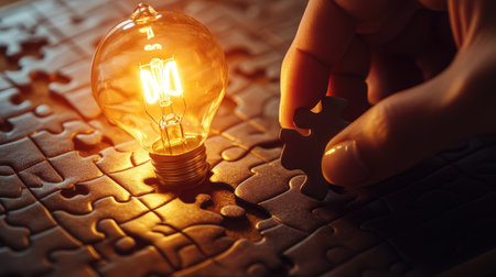 Person hand placing a puzzle piece into a board with a glowing lightbulb icon, symbolizing problem-solving and idea generation.の素材