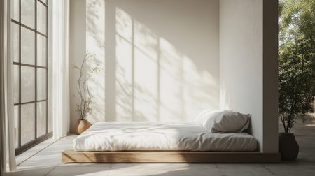 Minimalist bedroom with a large window, natural light, and a focus on simplicity with a low bed and minimal decor elementsの素材